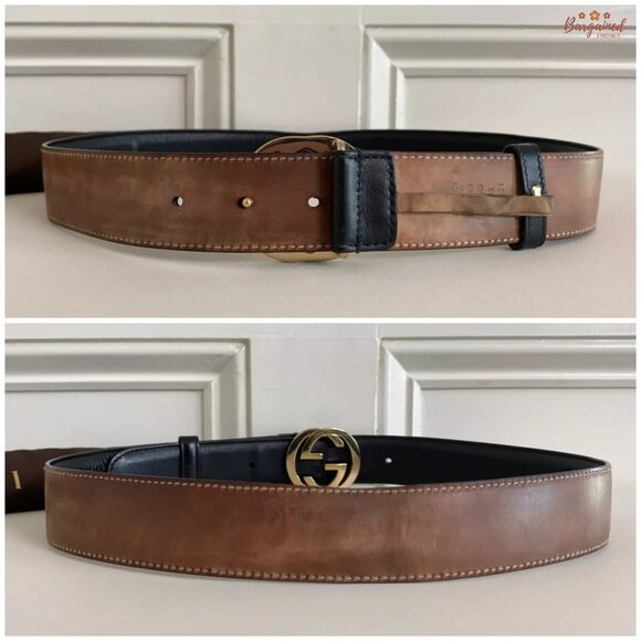 Authentic Gucci Pink Calfskin Leather Gold Interlocking G Buckle Belt 80/32 - Picture 6 of 12